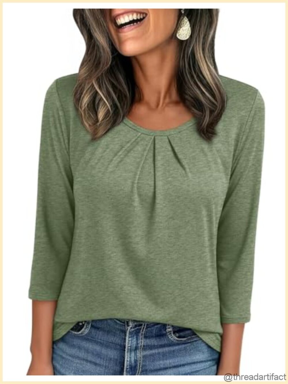 Womens 3/4 Sleeve Pleated Tunic Top Crewneck Dressy Casual Blouse